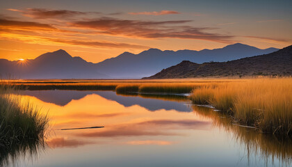 beautiful sunset over the lake and mountains