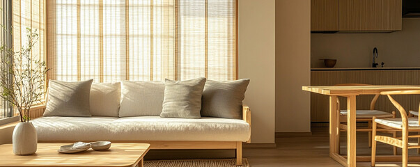 A modern interior photograph of a residential living room with a Scandinavian interior and a japandi interior combination. Generative AI
