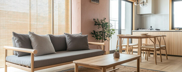 A modern Japani interior in the living room with minimalist, sofa and table, and table view. Generative AI

