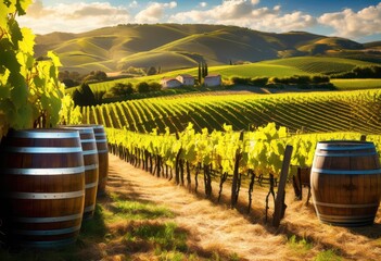 breathtaking vineyard landscape featuring rows lush grapevines rustic wine barrels under clear blue...