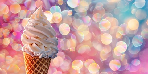Vanilla Ice Cream Cone with Colorful Bokeh Background. AI generated illustration