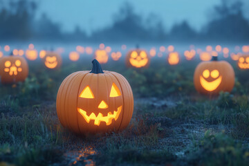 Obraz premium Glowing jack-o'-lanterns in a misty, foggy field create a spooky Halloween atmosphere