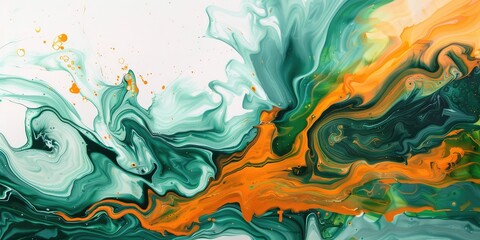 Obraz premium Dynamic Abstract Painting with Fluid Waves of Green and Orange Hues. AI generated illustration