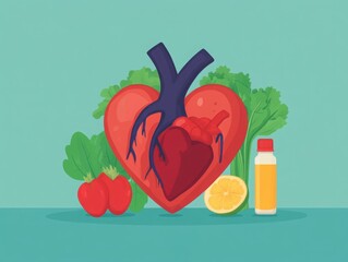 Heart with exercise and diet icons, preventing myocardial infarction, flat design illustration