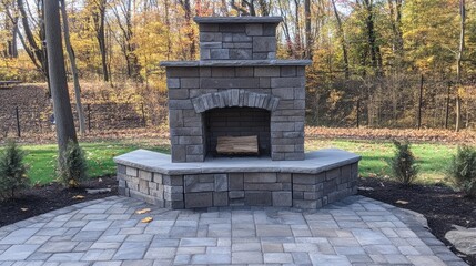 Fototapeta premium Stone Fireplace with Log in a Fall Forest Setting