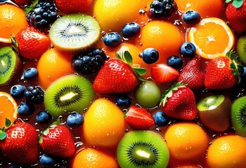 Obraz premium vibrant medley fresh fruits displayed clear glass container cool condensation effects, berries, colorful, citrus, apple, banana, grape, kiwi, pineapple