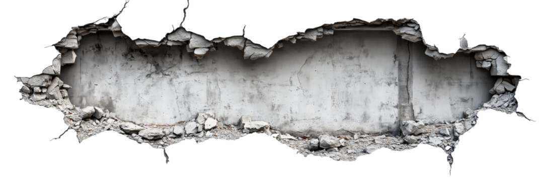 Concrete Wall, Destroyed, Isolated. Graphic Cutout.