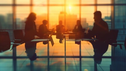 Silhouettes of Business Professionals in a Modern Office at Sunset