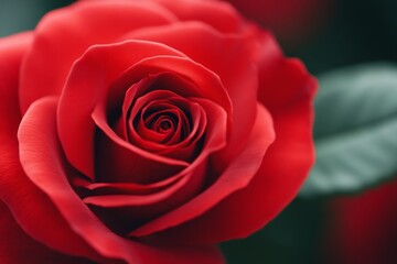 Fototapeta premium A close-up shot of a single red rose, showcasing its velvety petals and delicate spiral center. The image symbolizes love, passion, beauty, and nature's artistry.