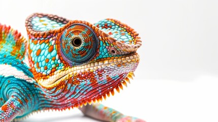 Colorful Chameleon Wearing a Venetian Mask on White Background