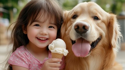 A little girl with ice cream and a dog eating an ice cream cone, AI