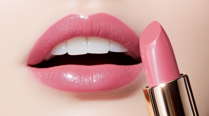 Obraz premium A close-up shot of a woman's lips wearing a pink lipstick. The lipstick is applied with precision, creating a smooth and even finish. The lips have a dewy sheen, giving them a healthy and hydrated loo