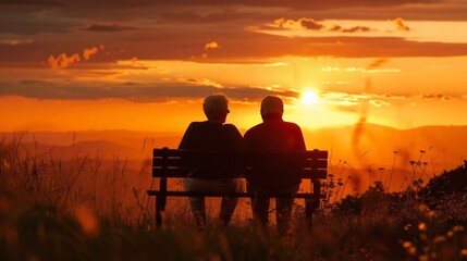 Obraz premium Silhouetted Couple on a Bench Watching the Sunset