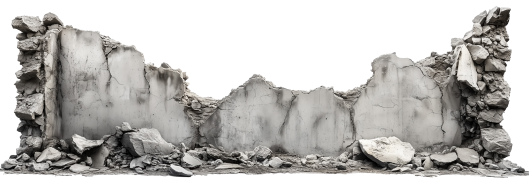 Concrete Wall, Destroyed, Isolated. Graphic Cutout.