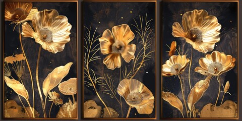 Golden Flowers Canvases. AI generated illustration