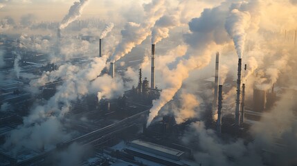 Obraz premium Expansive industrial zones belching pollutants into the air, illustrating the impact of manufacturing on air quality and climate.