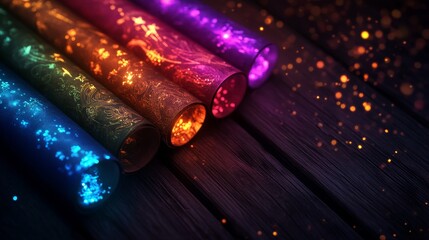 A collection of glowing, colorful scrolls lie on a dark wooden surface, each with intricate designs and emitting a magical, almost ethereal light. The scrolls symbolize knowledge, mystery, and the pow