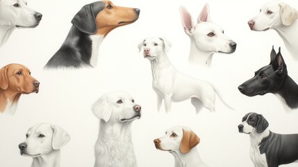 A collection of nine colorful, whimsical dog portraits created with colored pencils. Each dog has a unique personality and expression, from playful to serious.