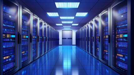 Server rack in a data center; High-tech data center with rows of server cabinets