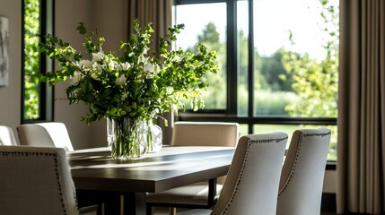 Fototapeta premium A contemporary dining room features a sleek wooden table with upholstered chairs, set against a backdrop of large windows that flood the space with natural light. A lush arrangement of greenery adds a