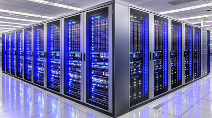 Server rack in a data center; High-tech data center with rows of server cabinets