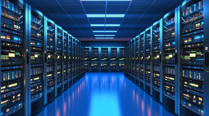 Server rack in a data center; High-tech data center with rows of server cabinets