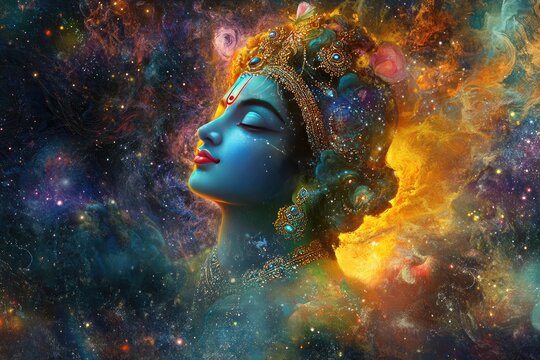 Lord Krishna depicted as Vishwaroop( cosmic form) showing the universe within him, with a radiant aura