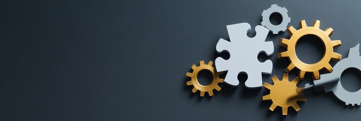 A creative overhead shot featuring puzzle pieces and gears representing teamwork, innovation, strategy, problem-solving, and connection.
