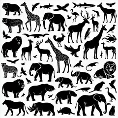 Fototapeta premium Black Silhouettes of African Animals Giraffe Elephant Lion Rhino Deer Birds