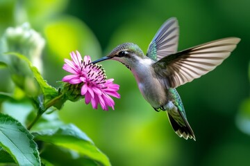 Bird hovering in place, flapping its wings rapidly as it inspects a flower, mid-air, like a hummingbird in search of nectar