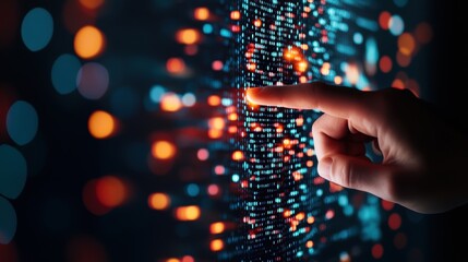 A hand pointing to a specific key performance indicator on a digital screen, highlighting its importance in evaluating performance.