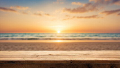 Obraz premium The empty wooden table top with blur background of sunset on the beach. For product display