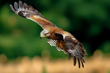 Bird swooping down from the sky, talons extended as it prepares to catch its prey in the field below