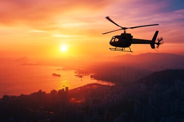 Naklejka premium A helicopter flies over a coastal city at sunrise, the sun casting a warm glow over the cityscape and the ocean. The silhouette of the helicopter against the vibrant sky creates a sense of freedom, ad