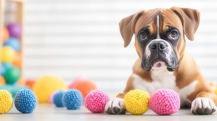 Boxer in a vibrant doggy daycare filled with colorful toys, pet care, fun