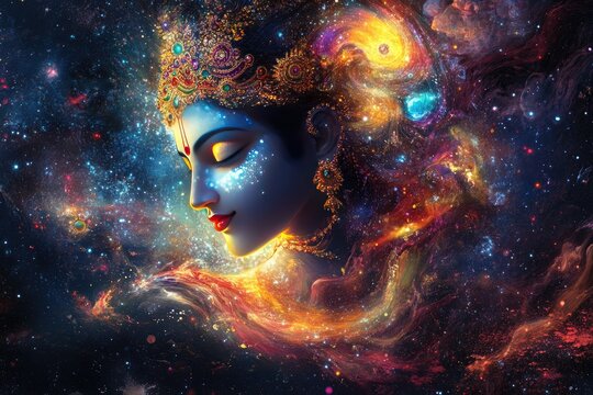Lord Krishna depicted as Vishwaroop( cosmic form) showing the universe within him, with a radiant aura