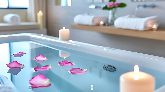A relaxing bubble bath, with candles and rose petals floating in the water. Soft music plays in the background, and the warm, scented bath offers a perfect escape from the stress of daily life. 