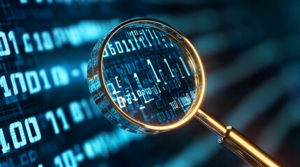 A magnifying glass is positioned over a digital background of binary code, representing the exploration and analysis of digital information. This image symbolizes the concepts of investigation, data a