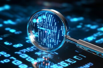 A magnifying glass is placed over a field of binary code, symbolizing the examination, analysis, and understanding of data in the digital age. It represents the process of investigation, discovery, an