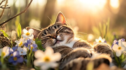 A serene cat relaxes among beautiful flowers, basking in warm sunlight, showcasing peaceful nature and pet comfort.