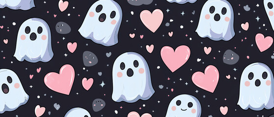 Halloween or Valintine style pattern wallpaper. Cartoon character background. illustration of cute ghosts with hearts at the pink background