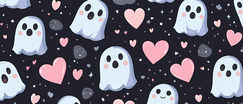 Halloween or Valintine style pattern wallpaper. Cartoon character background. illustration of cute ghosts with hearts at the pink background