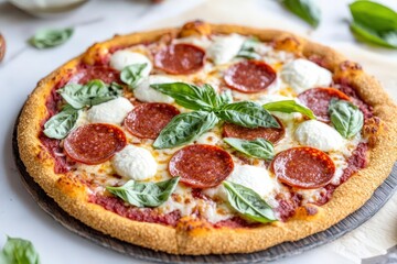 A keto pizza made with an almond flour crust