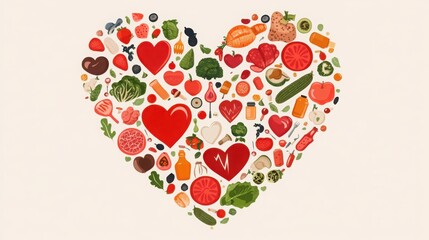 A heart surrounded by icons of healthy eating, exercise, and stress management, promoting lifestyle adjustments to reduce the risk of heart disease and myocardial infarction