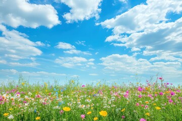 A peaceful meadow filled with blooming wildflowers in vivid colors, stretching out under a bright blue sky with fluffy white clouds, creating a vibrant and lively nature wallpaper