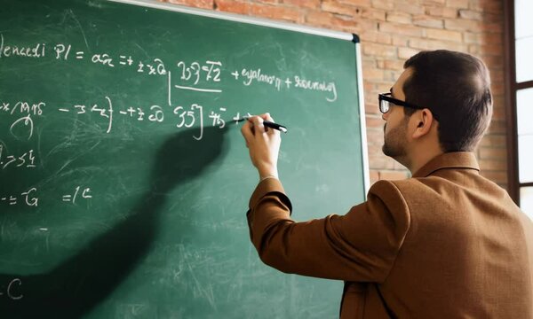 Intelligent stylish teacher wearing eyeglasses writes math formulas with chalk on green chalkboard in university or school classroom. Education and studying Video