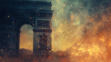 A dramatic depiction of the Arc de Triomphe surrounded by glowing embers and a fiery sky, creating an intense and evocative atmosphere.