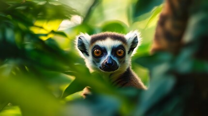 Naklejka premium A playful lemur with bright eyes peers from behind a lush canopy of leaves in a tropical forest, capturing the essence of curiosity, exploration, and the beauty of nature's hidden wonders.