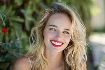 Fototapeta premium attractive BLOND YOUNG WOMAN WITH RED LIPS and big SMILE. generative ai