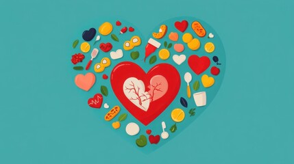 Heart symbol with healthy lifestyle icons, preventing myocardial infarction, flat design illustration